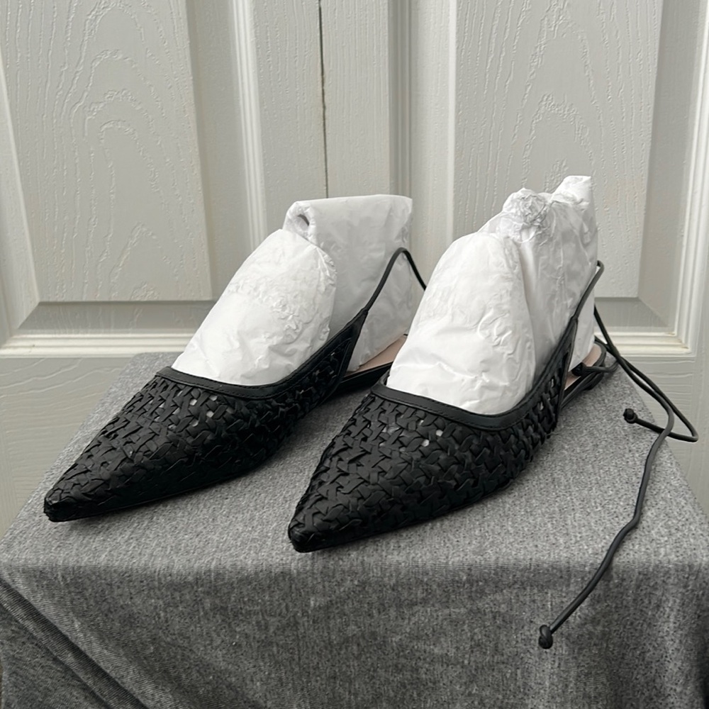 PORTE & PAIRE Black Woven Leather Tie-Back Mule Flats Size 36 (5.5) NWOT